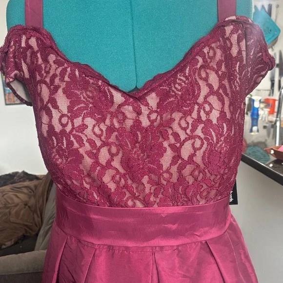 R & M Richards Burgundy Lace Prom Dress - Picture 2 of 9